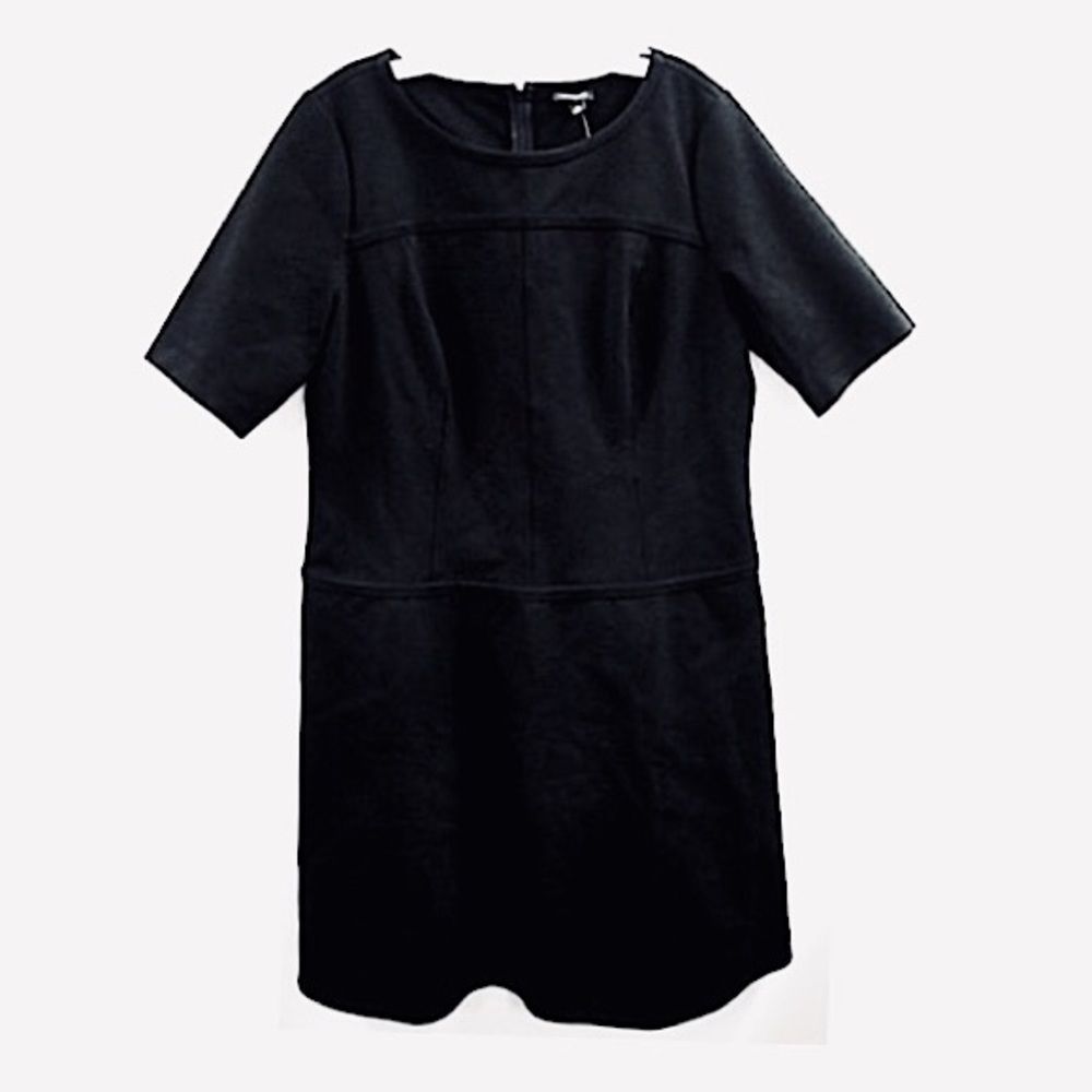 ANN TAYLOR Black Knee Length Pencil Dress w Round Neck Short Sleeve Stretch NWT